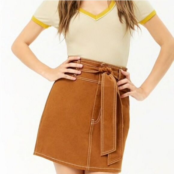 Forever 21- Orange/Brown High Waist Retro Tie Belted Denim Skirt - Picture 1 of 5